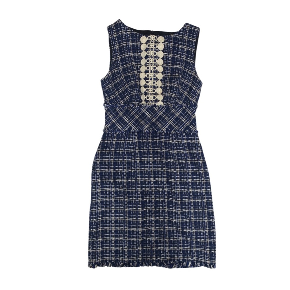 Trina Turk Navy and White Sleeveless Tweed Shift Dress with Lace Trim